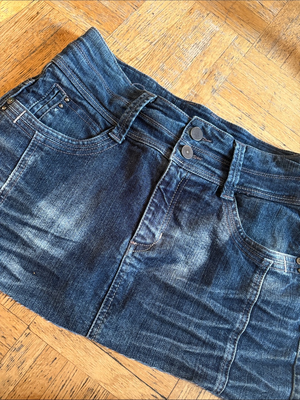 Dark Blue Denim Mini Skirt - Women's Casual Double-Button Style